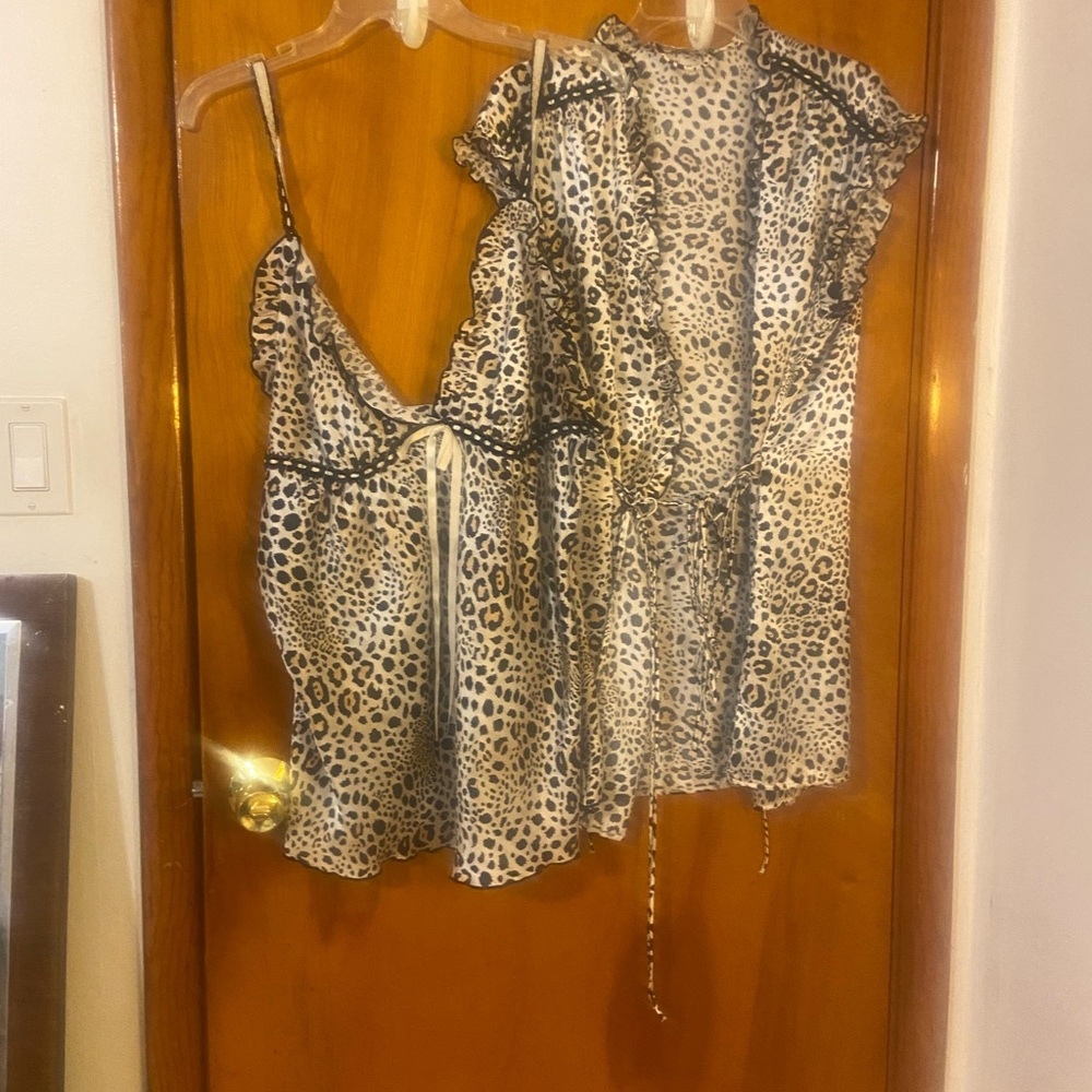 Leopard Print Satin Cami and Robe Set - Beige/Black